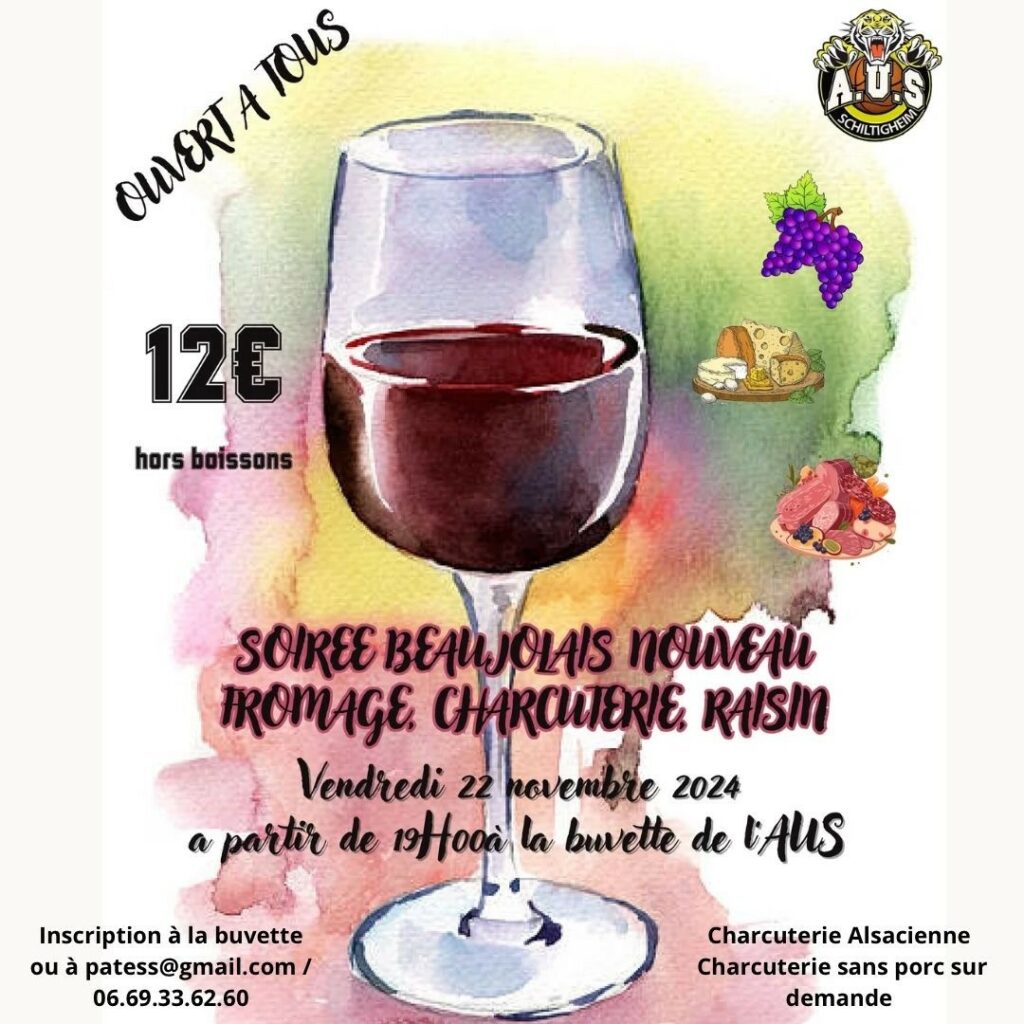 Soirée Beaujolais nouveau, fromage et charcuterie le 22 novembre au Gymnase des Malteries